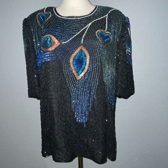 LAWRENCE KAZAR NEW YORK Beaded Top Black Peacock Design 100% Silk Plus Size 2X - Picture 1 of 16